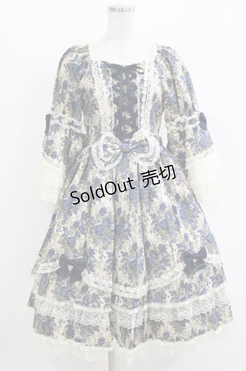 画像1: metamorphose / ゴブランブーケ レースフリル姫袖ドレス 1 ブルー H-26-06-03-009-ME-OP-NS-ZH (1)