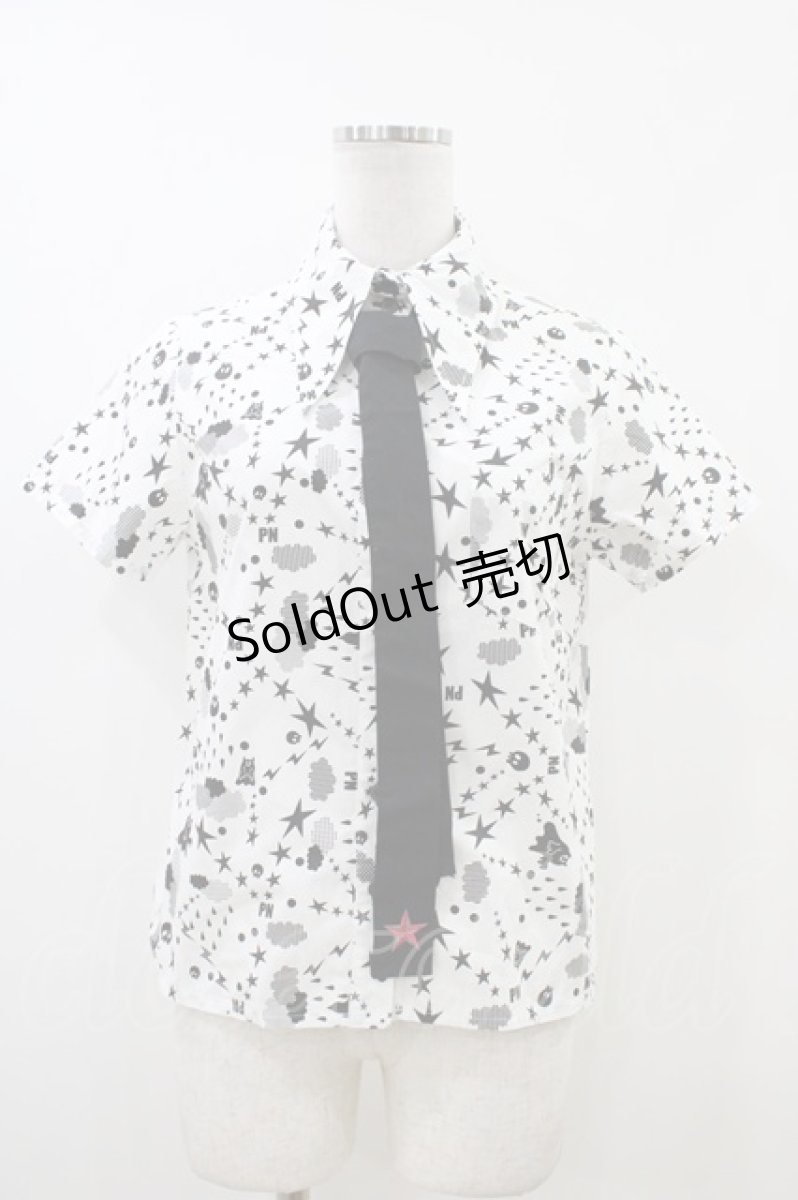 画像1: PEACE NOW / タイ付プリントブラウス  白×黒 H-26-06-08-1038-PU-BL-KB-ZH (1)