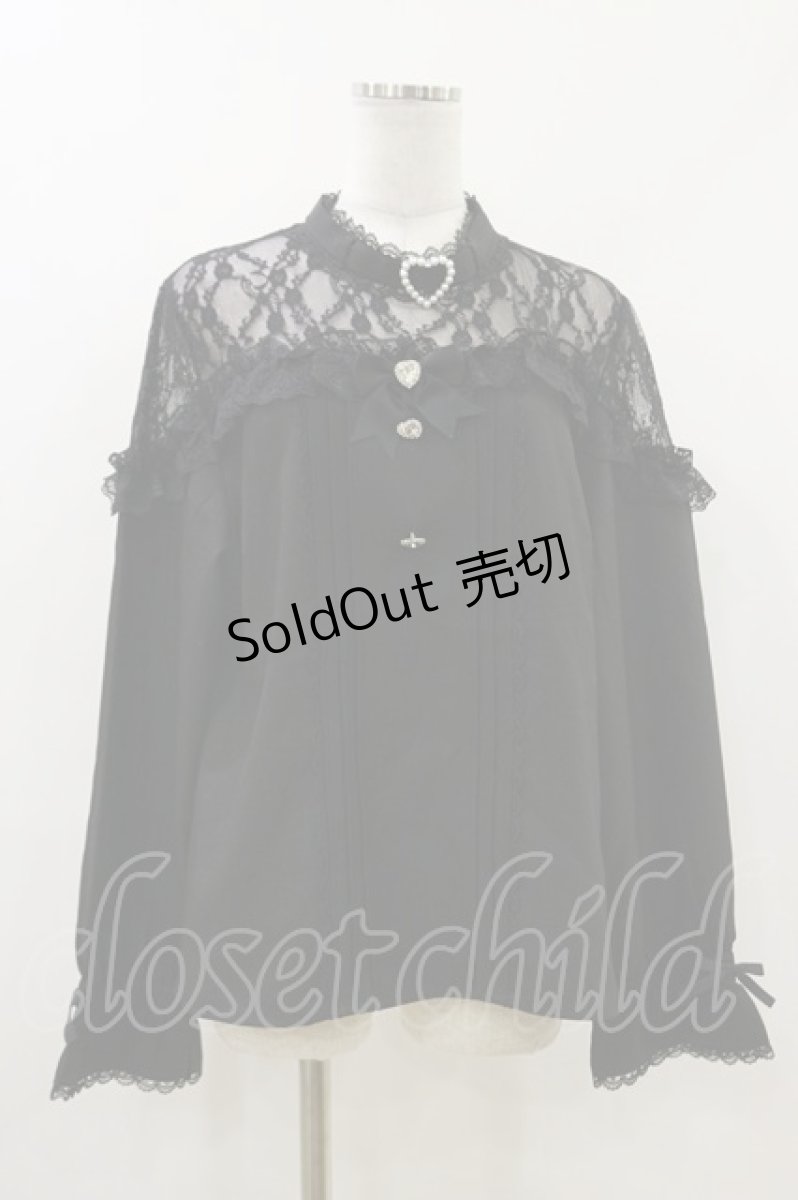 画像1: DearMyLove / ハートビジューリボンオフショル風レースブラウス 3L ブラック H-26-06-12-1037-GO-BL-NS-ZH (1)