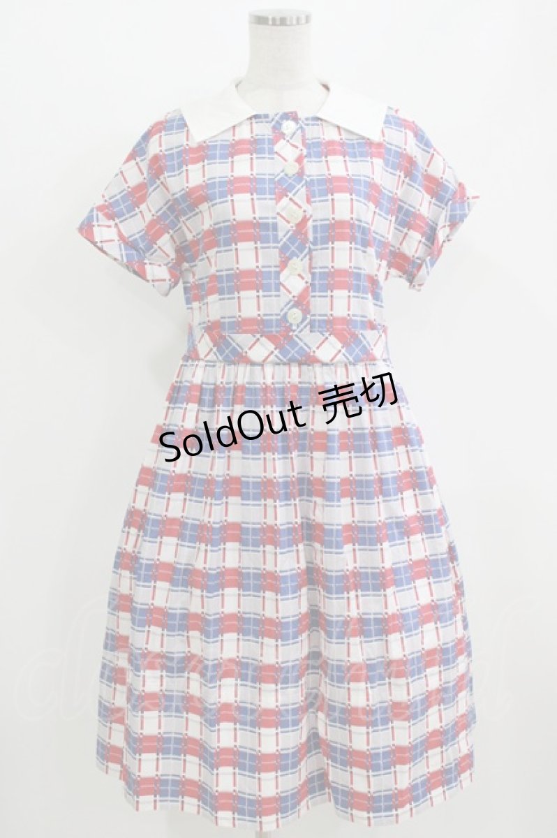 画像1: Jane Marple / Graffiti checkのワーキングドレス M オフホワイト×ネイビー×レッド H-26-06-21-005-JM-OP-AK-ZH (1)