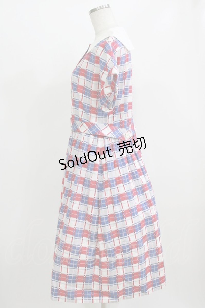 画像2: Jane Marple / Graffiti checkのワーキングドレス M オフホワイト×ネイビー×レッド H-26-06-21-005-JM-OP-AK-ZH (2)