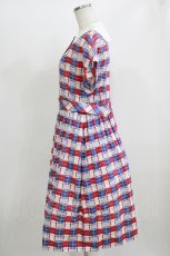 画像2: Jane Marple / Graffiti checkのワーキングドレス M オフホワイト×ネイビー×レッド H-26-06-21-005-JM-OP-AK-ZH (2)