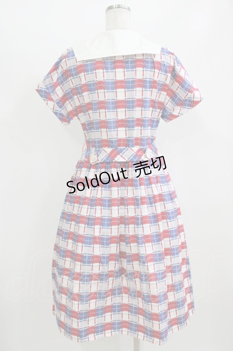 画像3: Jane Marple / Graffiti checkのワーキングドレス M オフホワイト×ネイビー×レッド H-26-06-21-005-JM-OP-AK-ZH (3)