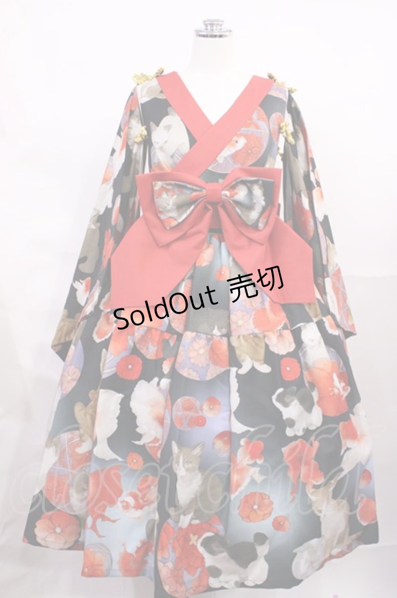 画像1: Royal Princess Alice / ねこ助コラボ/涼風金魚猫ドレス+振袖 Free ブラック H-26-06-24-001-LO-OP-NS-ZH (1)