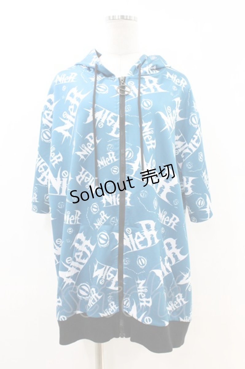 画像1: NieR Clothing / 総柄ZIP半袖パーカー  青 H-26-06-30-1049-PU-TO-KB-ZH (1)