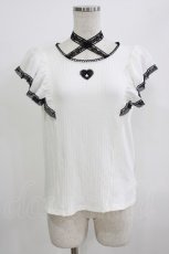 画像1: Secret Honey / クロスレース肩フリルトップス M オフ白×黒 H-26-06-30-2031-CA-TO-NS-ZH (1)