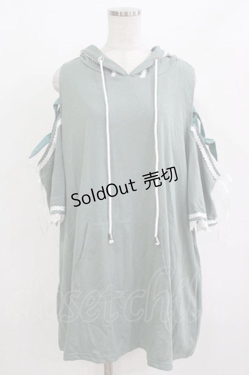 画像1: Favorite / リボン装飾オフショルダーのフード付きTシャツワンピース M ミント H-26-06-30-2034-LO-OP-NS-ZH (1)