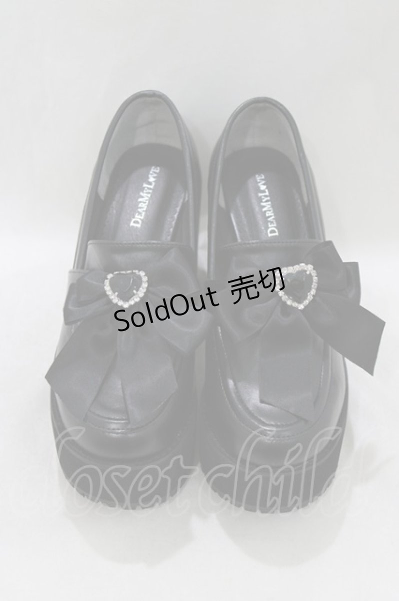 画像1: DearMyLove / キラキラビジューリボン厚底ローファー 25.5cm ブラック H-26-07-01-1083-GO-SH-NS-ZH (1)