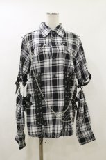 画像1: MAD / レザーベルト付きチェックシャツ F 黒×白 H-26-07-01-018-PU-BL-AK-ZH (1)