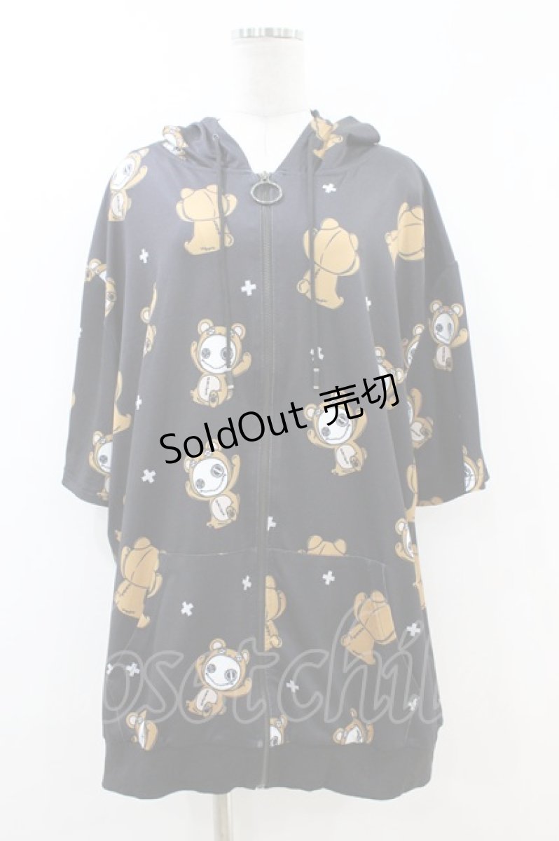画像1: NieR Clothing / 総柄ZIP半袖パーカー  黒 H-26-07-02-051-PU-TO-KB-ZH (1)