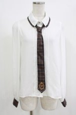 画像1: axes femme POETIQUE / 刺繍リボンタイ付ブラウス M 白/チェックリボン H-26-07-03-047-AX-BL-NS-ZH (1)