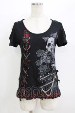 画像1: MAD / レースアッププリント半袖カットソー M 黒×赤 H-26-07-06-1075-PU-TO-AK-ZH (1)
