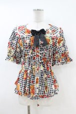 画像1: metamorphose / 【プラスサイズ】Gingham fruits tart 半袖ブラウス size 2 ブラック H-26-07-09-1036-ME-BL-YZ-ZH (1)
