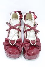 画像1: DearMyLove / パールアンクレットリボンハートくり抜きヒールロリータパンプス 24.5cm ボルドー H-26-07-12-001-EL-SH-NS-ZH (1)