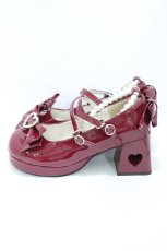 画像2: DearMyLove / パールアンクレットリボンハートくり抜きヒールロリータパンプス 24.5cm ボルドー H-26-07-12-001-EL-SH-NS-ZH (2)