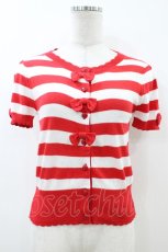 画像1: Angelic Pretty / リボンボーダー半袖ニットカーディガン Free レッド H-26-07-18-1049-AP-TO-NS-ZH (1)