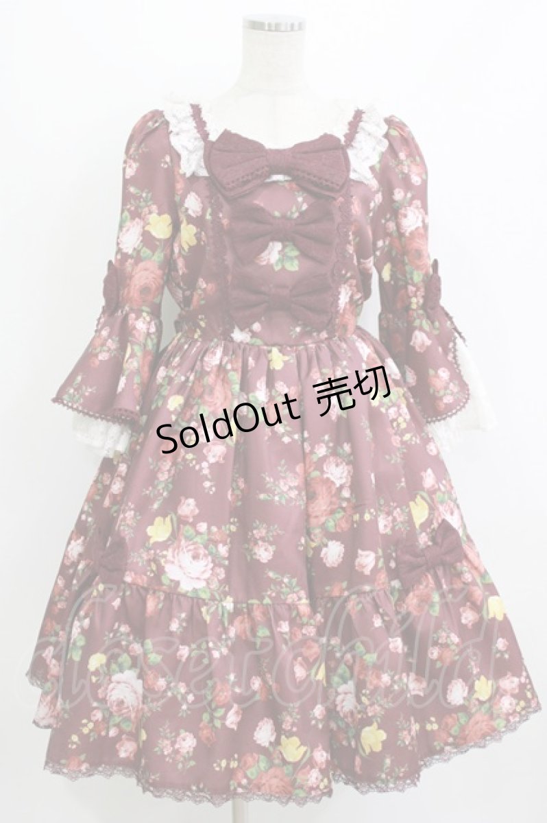 画像1: axes femme kawaii / アンティークローズ柄ワンピース M ワイン H-26-07-21-015-AX-OP-YZ-ZH (1)
