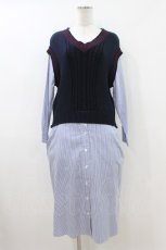 画像1: Jane Marple Dans Le Salon / Tilden vest and stripe trompe-l'oeil dress  ネイビー×ブルー H-26-07-24-039-JM-OP-KB-ZH (1)