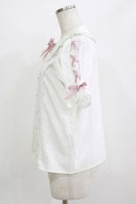 画像2: Chalmiere / 袖レースアップブラウス M 白/ピンク H-26-07-25-1058-AX-BL-NS-ZH (2)