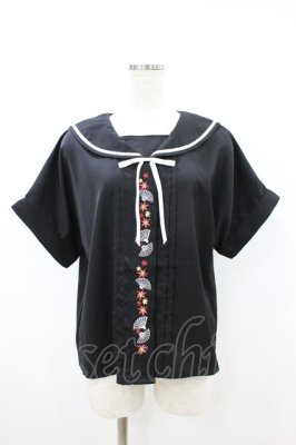 Preview of 扇子×紅葉刺繍セーラーブラウス Free ブラック
