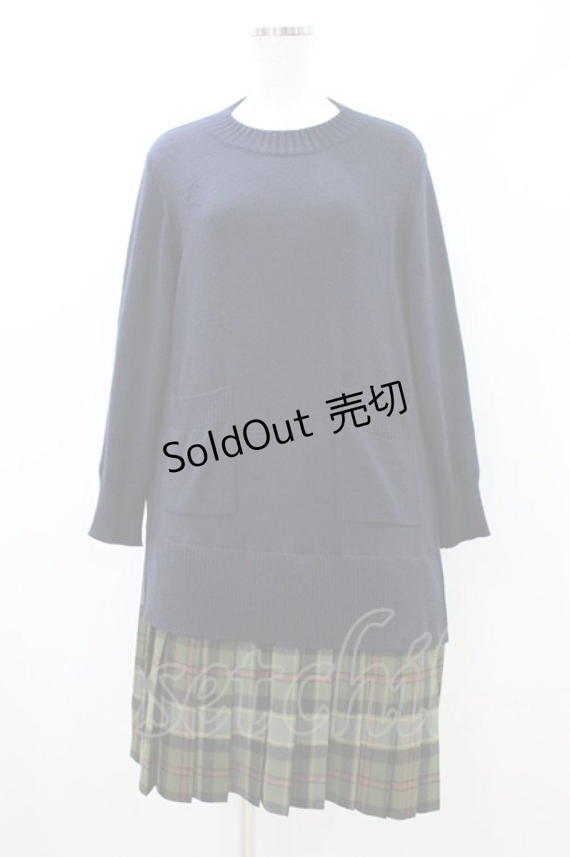 画像1: Jane Marple Dans Le Salon / Knit Tartan check trompe-l'oeil dress M ネイビー×グリーン H-26-08-20-035-JM-OP-AK-ZH (1)