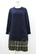 画像1: Jane Marple Dans Le Salon / Knit Tartan check trompe-l'oeil dress M ネイビー×グリーン H-26-08-20-035-JM-OP-AK-ZH (1)