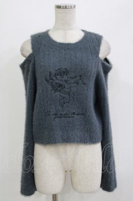 Preview of 天使刺繍肩ジップフェザーニット M グレー