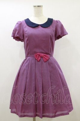 Preview of 千鳥バルーンスリーブワンピース  ピンク×ネイビー