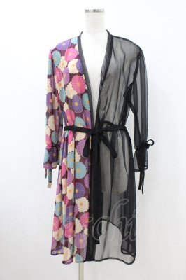 Preview of ギャザー袖和柄シースルー羽織  レトロ菊紫×ブラック