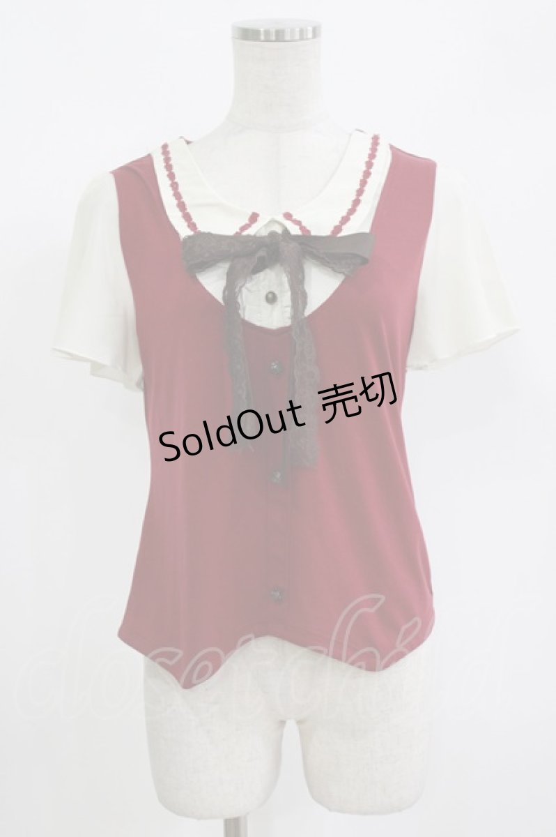 画像1: axes femme / 重ね着風レースリボン半袖プルオーバー M ワイン H-26-09-11-046-AX-TO-NS-ZH (1)