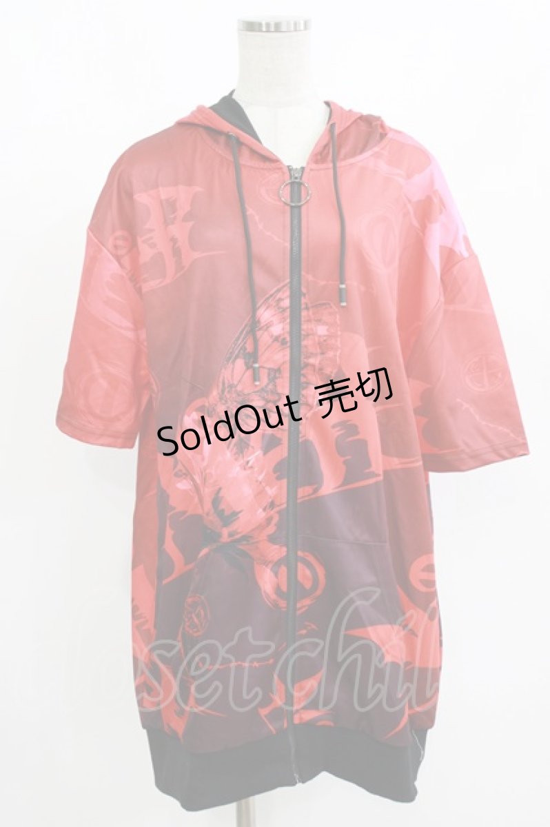 画像1: NieR Clothing / 総柄ZIP半袖パーカー F 赤 H-26-09-12-052-PU-TO-AK-ZH (1)