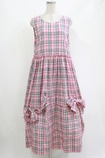 画像1: Jane Marple / French madras drape ribbons dress M ピンク H-26-09-15-056-JM-OP-AK-ZH (1)