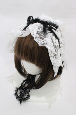 画像1: MARBLE / フリンジリボンレースヘッドドレス  白×黒 H-26-09-24-052-GO-AC-KB-ZH (1)