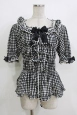 画像1: metamorphose / 【プラスサイズ】スクエアあきフリルブラウス(半袖) 2 ブラック/チェック H-26-09-27-1065-ME-BL-YZ-ZH (1)