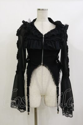 Preview of Flared sleeve ribbon and frill zip tops Free ブラック