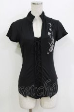 画像1: Ozz On / 薔薇刺繍編み上げトップス  黒 H-26-09-29-063-OO-TO-AK-ZH (1)