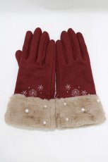 画像1: axes femme / 雪刺繍×パールファー手袋  ワイン H-26-10-03-074-AX-ZA-NS-ZH (1)