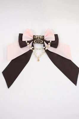 Preview of ロゴ刺繍パールリボンブローチ  ピンク×ブラウン