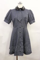 画像1: Ank Rouge / レザー襟グレンチェック半袖ワンピース M 黒チェック H-26-10-07-010-CA-OP-SA-ZH (1)