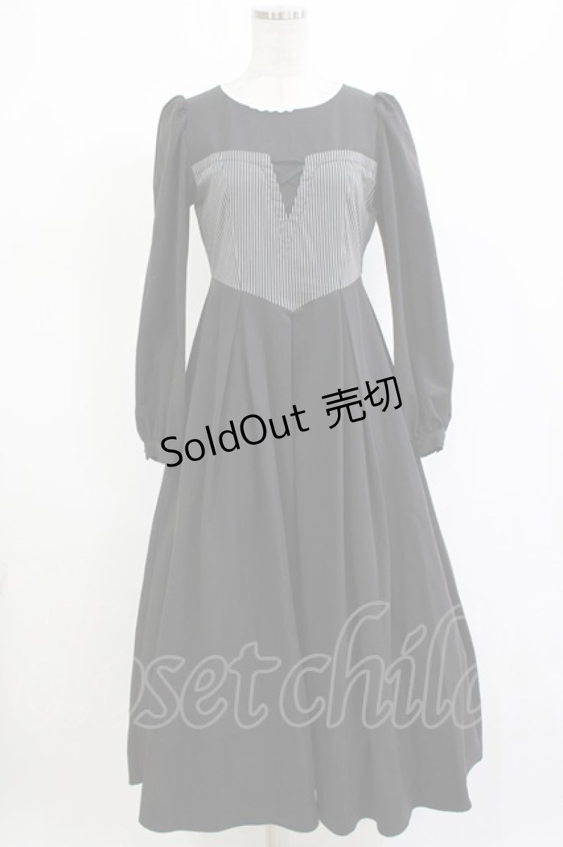 画像1: Maison de FLEUR Petite Robe canone / 森でワルツをワンピース（ストライプ） S BLACK H-26-10-10-1016-LO-OP-NS-ZH (1)
