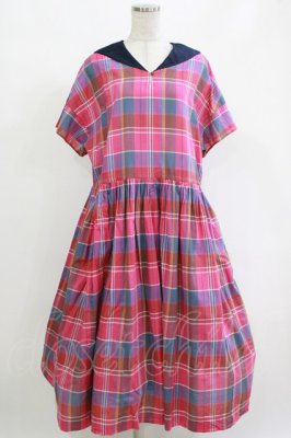 Preview of French madras check marine collar dress M マゼンタ×ライトネイビー