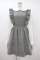 画像1: Ank Rouge / ギンガムチェック&シフォン袖ドッキングワンピース M 黒Ｘ白 H-26-10-11-1037-CA-OP-SA-ZH (1)