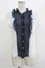 画像1: axes femme / 配色フリルノースリブラウス M ネイビー/サックス/アイボリー H-26-10-15-025-AX-BL-IG-ZH (1)