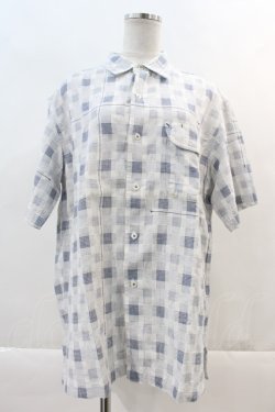 画像1: Karl Helmut / チェック&なみ刺繍半袖シャツ M 白Ｘ紺 I-24-05-22-049-EL-BL-HD-ZI