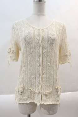 画像1: INGEBORG / 袖裾フラワーモチーフ半袖ニットカーディガン  オフホワイト I-24-08-30-102-LO-TO-HD-ZT033