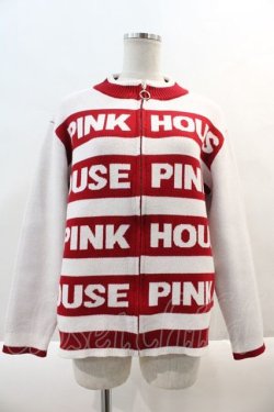 画像1: PINK HOUSE / PINK HOUSE ロゴボーダーニットカーディガン  白Ｘピンク I-24-09-20-054-LO-TO-HD-ZT041
