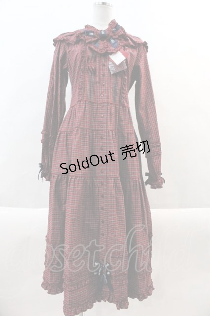 画像1: PINK HOUSE / リボンブローチ付きタータンチェックフードワンピース  ワイン I-24-10-24-082-LO-OP-HD-ZI (1)