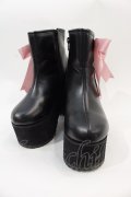 DearMyLove / Satin Ribbon Wedge Boots 22.5CM 黒Ｘピンク I-25-01-05-124-EL-SH-HD-ZT-K002