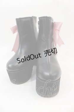 画像1: DearMyLove / Satin Ribbon Wedge Boots 22.5CM 黒Ｘピンク I-25-01-05-124-EL-SH-HD-ZT-K002