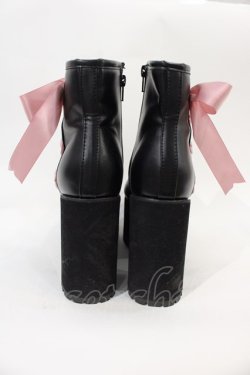 画像2: DearMyLove / Satin Ribbon Wedge Boots 22.5CM 黒Ｘピンク I-25-01-05-124-EL-SH-HD-ZT-K002